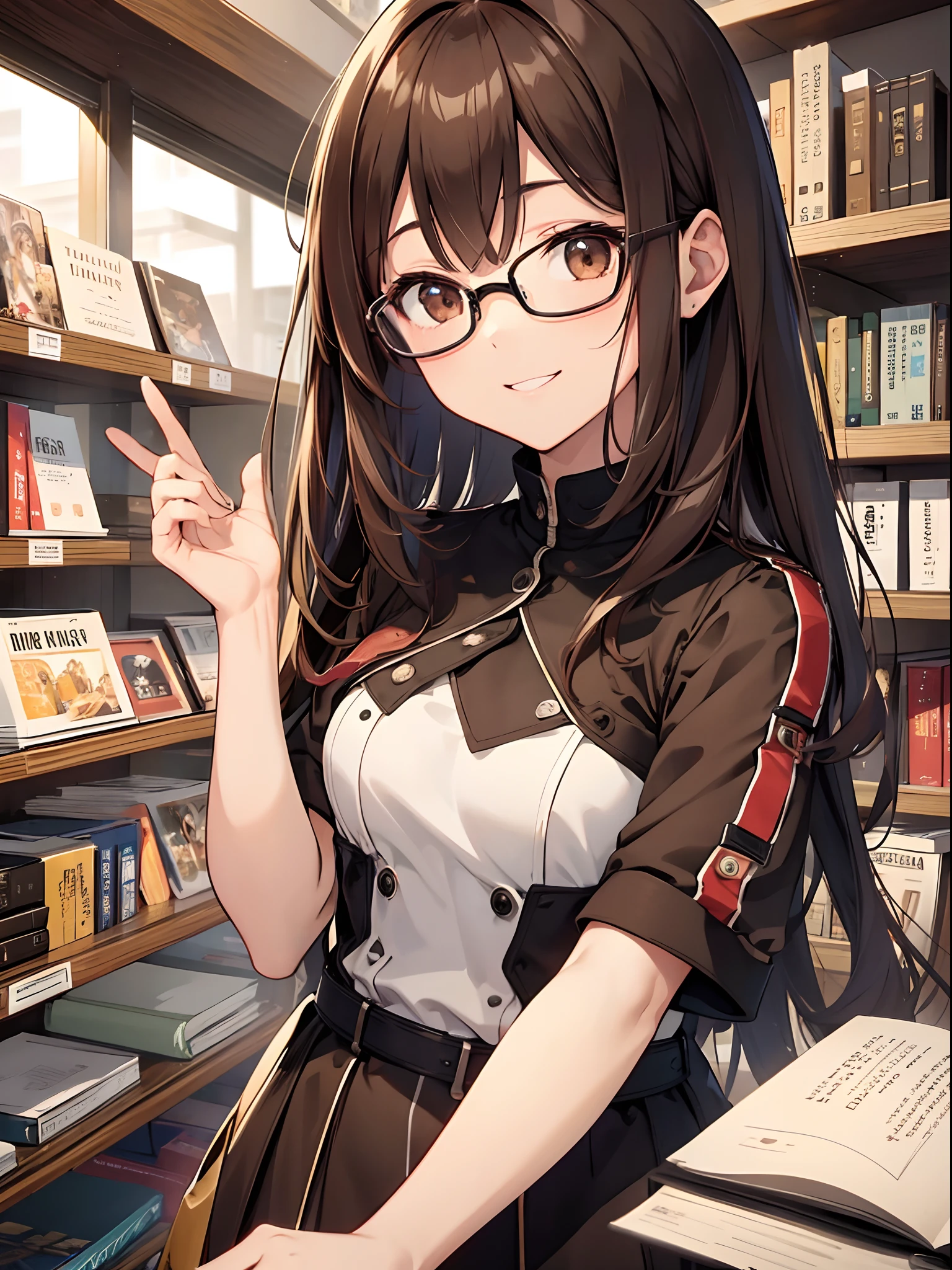 1 female、brown haired(Curta)、Brown eyes、Black-rimmed glasses、Best Quality、ultra-detailliert、8K resolution、Raw photo、masutepiece、gorgeous faces、Perfect body、a smile、atlibrary、Reading