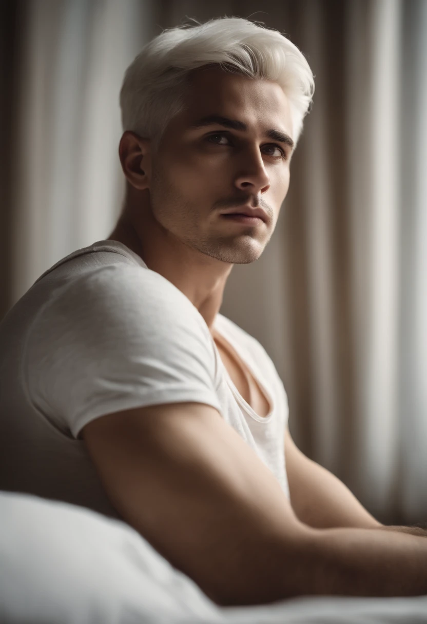 25-year-old male with white hair, two block haircut , dressed in a plain white tank top, lying on a bed, pensive expression
