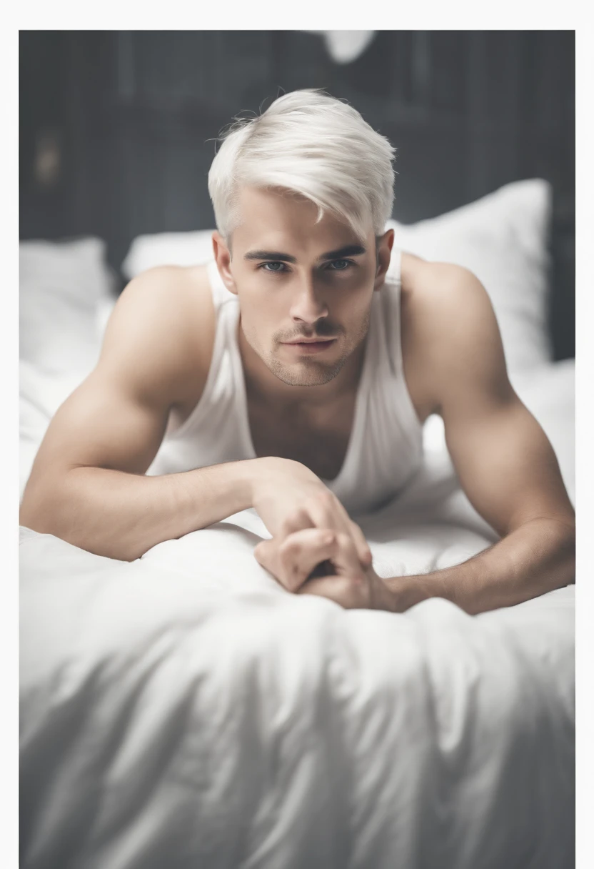 male with white hair and no shirt on laying on a bed, lean man with light tan skin, model with attractive body, male model, smooth body features, with abs, photorealistic perfect body, attractive body, shirtless :: high detail, smooth translucent white skin, asian male, posing in bed, sexy muscular body, beautiful handsome body, sexy body and face