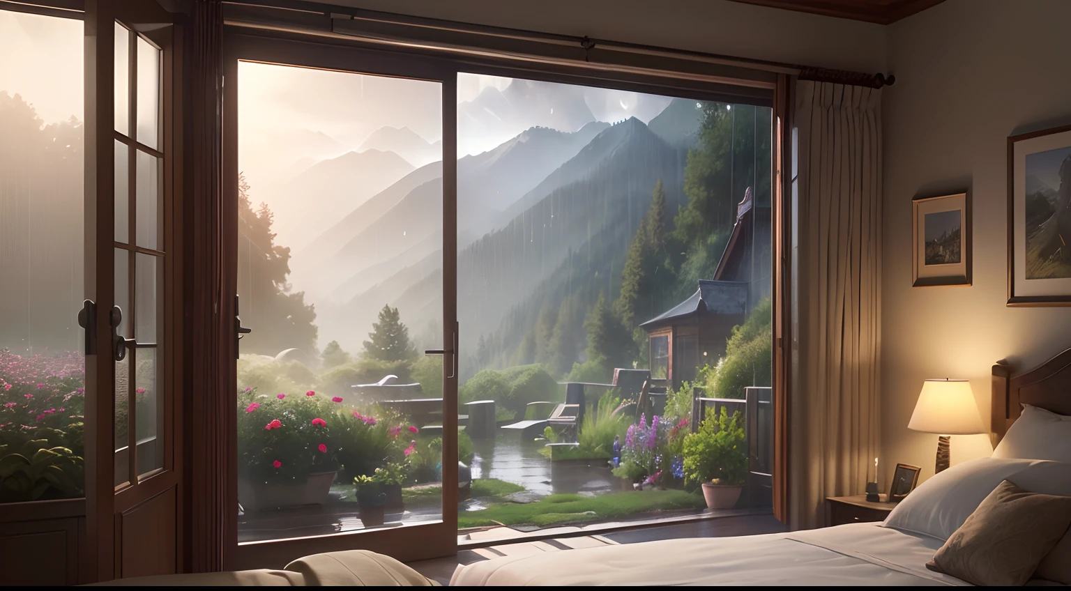 (best quality,4k,8k,highres,masterpiece:1.2),ultra-detailed,(realistic,photorealistic,photo-realistic:1.37),landscape,room interior,window view,soothing rain,gentle flower garden,safe and cozy atmosphere,vivid colors,soft lighting,peaceful ambiance,serene rainy night,relaxing tones