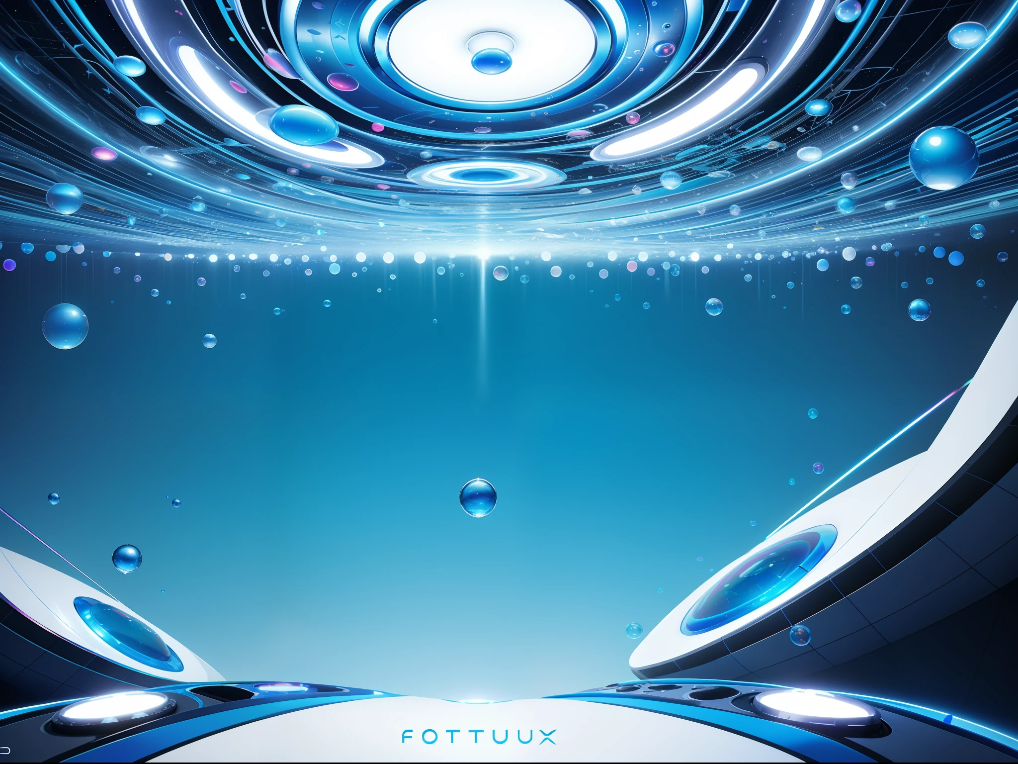 Abstract futuristic art in the style of Y2K, playstation 2, (futuristic), blue, colorful, (bright), (abstract shapes), lights, 3d effects, (chrome), abstract, surreal, gradients, ocean, (white background), bubbles, pointy shapes, maximalist, psychedelic, detailed