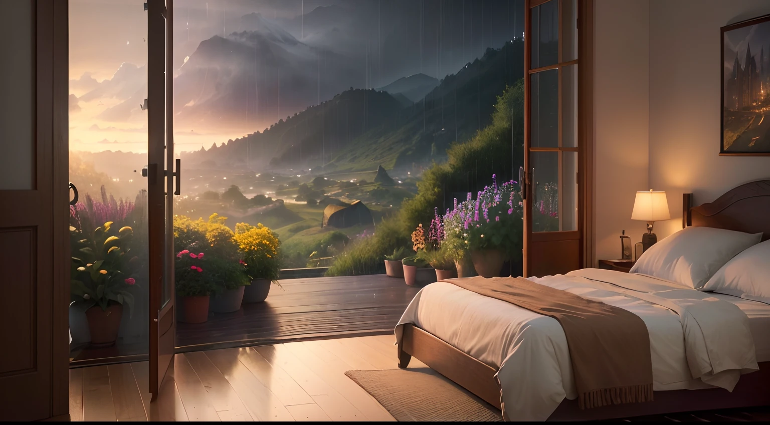(best quality,4k,8k,highres,masterpiece:1.2),ultra-detailed,(realistic,photorealistic,photo-realistic:1.37),landscape,room interior,window view,soothing rain,gentle flower garden,safe and cozy atmosphere,vivid colors,soft lighting,peaceful ambiance,serene rainy night,relaxing tones
