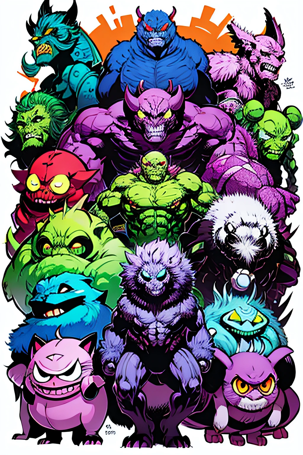 many monsters, doodle art style, colorful, funny
