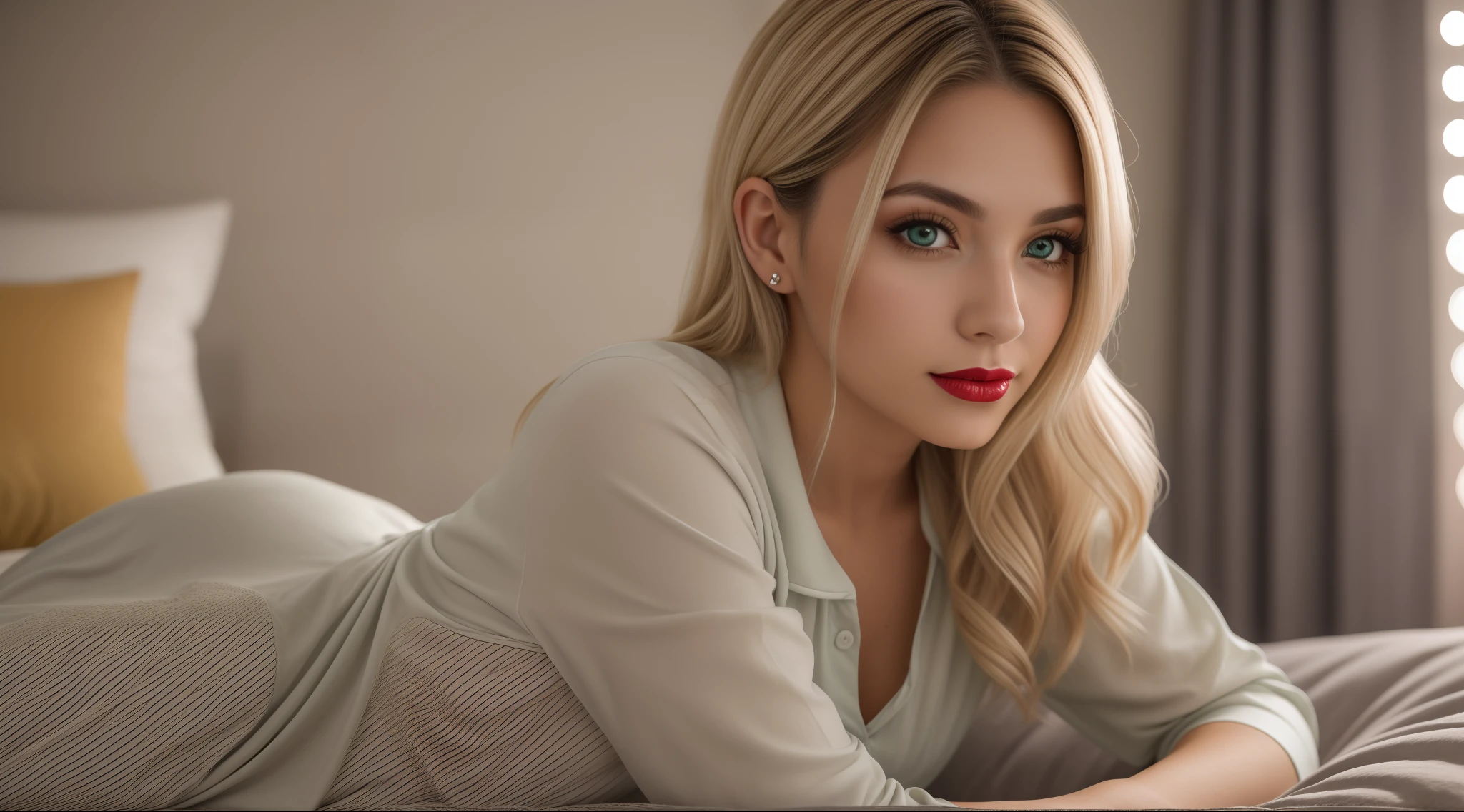 Uma mulher jovem e bonita, blonde hair that falls gently in waves up to the shoulders, altura mediana, olhos grandes e verdes, pele clara, she's in her pyjamas, ela esta em sua cama, fazendo cuidados com a pela antes de dormir, The environment is illuminated with lights of warm and pleasant colors making your hair shine, seu semblante esta naturalmente sereno, lips with red lipstick, Textura 8K, altamente detalhados, realista, soft  Cinematic Light, HDR, foco nítido, obra-prima, fotorrealista, fotografia premiada, Canon EOS R5, 35 mm.