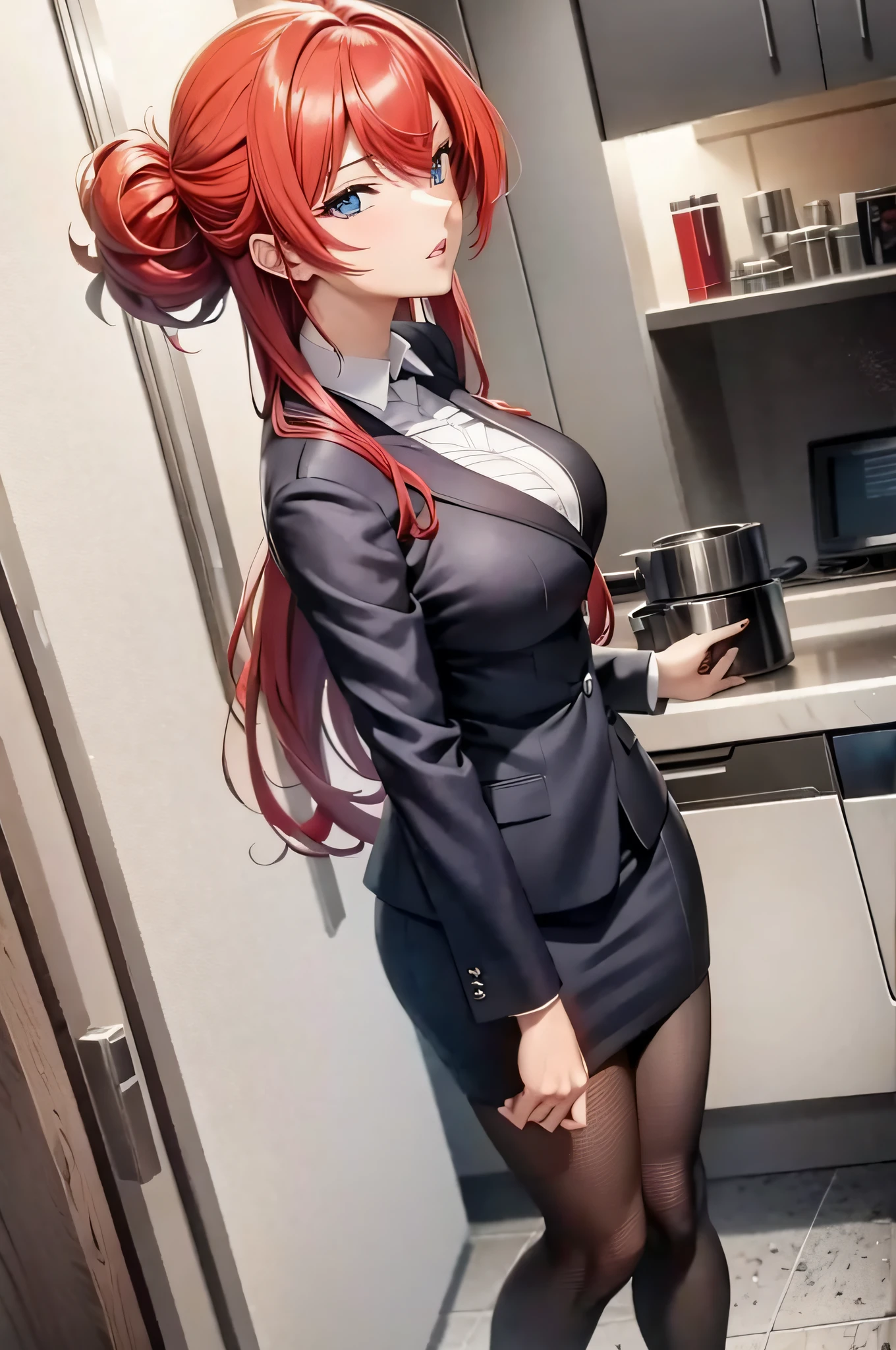 (masterpiece, best quality, detailed),1girl,rias gremory,red hair, ahoge, blue eyes, large breasts , in a business suit standing in a kitchen, (sfw), smooth anime cg art, office clothes, anime moe artstyle, official character art, in strict suit, in a strict suit, seductive anime girl,clean detailed anime art,high resolution, (perfect hands, perfect anatomy),