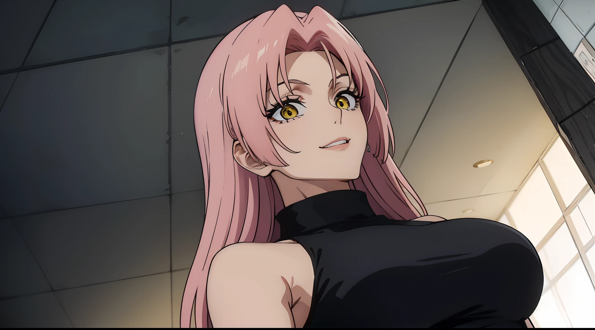 Masterpiece, Best quality, 1lady, solo, long wavy curly pink hair, parted bangs, forehead, yellow eyes, smile, Jujutsu kaisen uniform, YukiTsukumo, female focus, sleeveless turtleneck