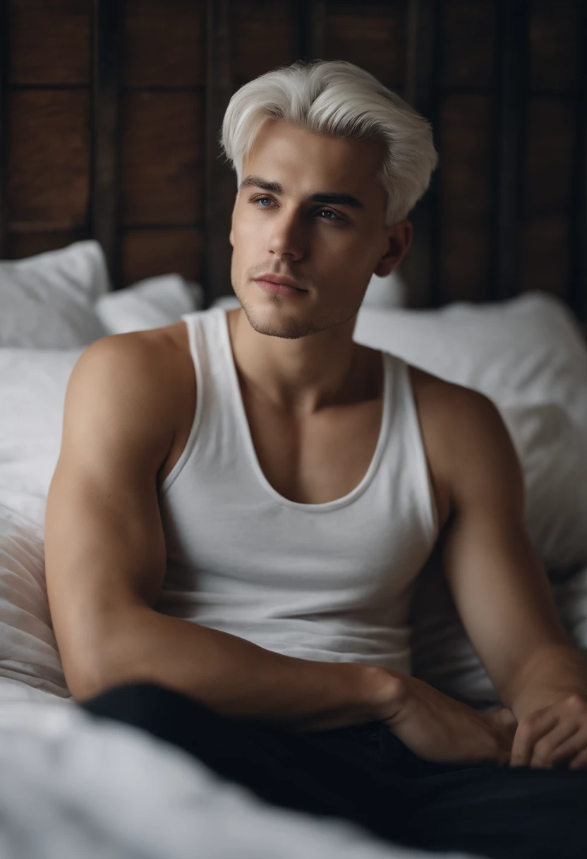 20-year-old male with white hair, two block haircut , dressed in a plain white tank top, lying on a bed, pensive expression