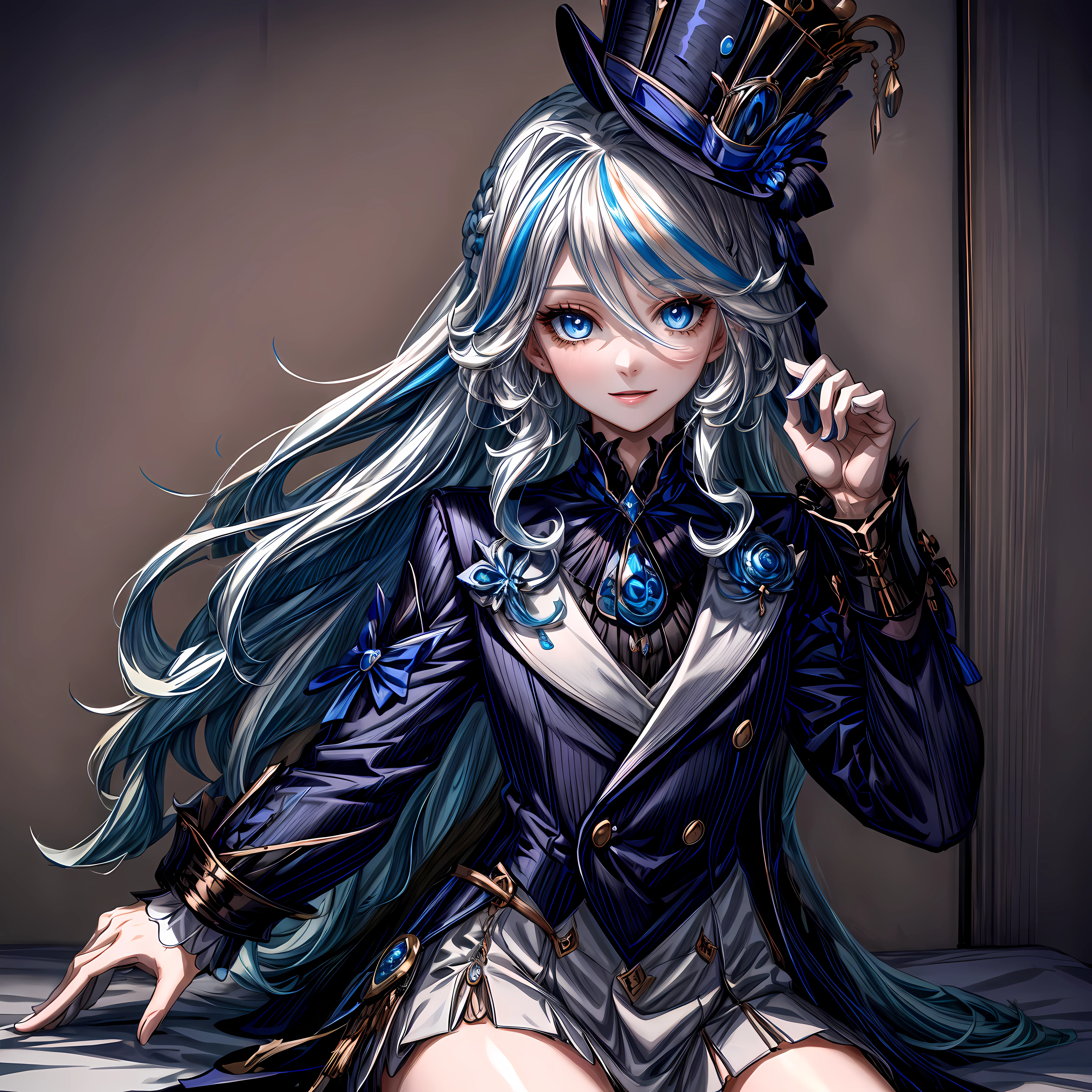 masterpiece, best quality, Cute, smile, cool,insanely detailed eyes, ultra-detailed, finely detail, long hair, looking at viewer, beautiful background, ultra-detailed, highres,beautiful detailed eyes, 1girl, age, high quality, , indoor, bedroom, sitting ,cinematic view, depth of field, expressive eyes, wide angle, furina, white hair, streaked hair, blue hair, blue eyes, top hat,