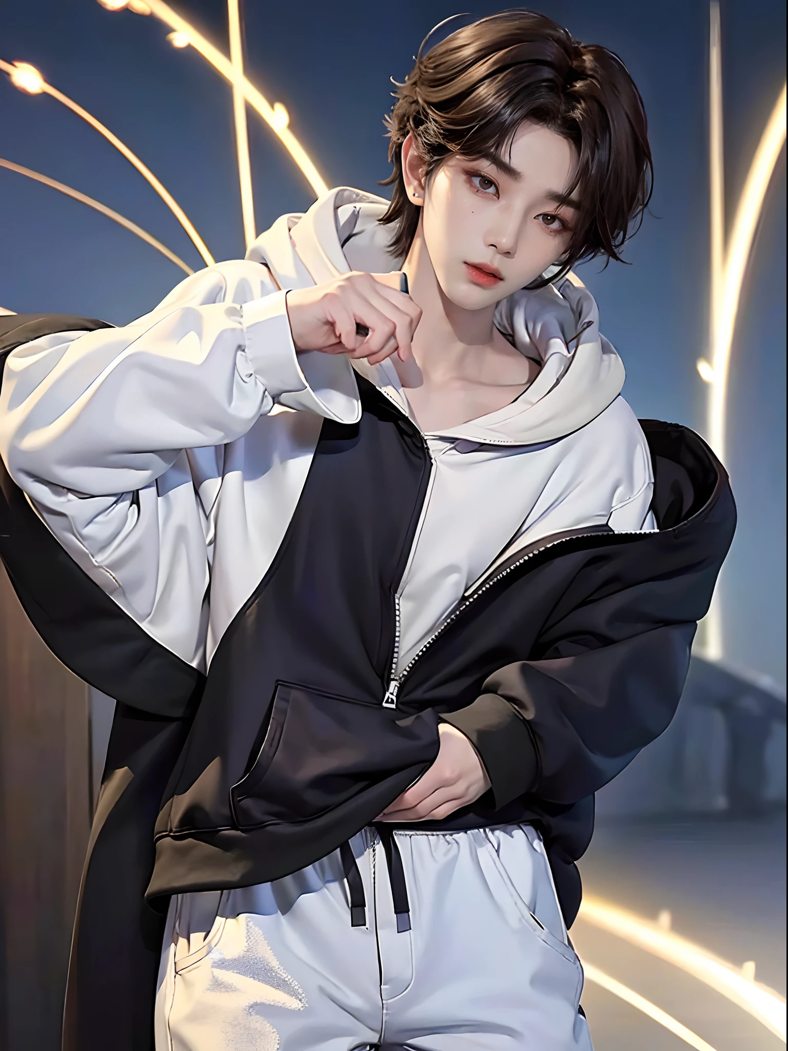 ((4K works))、masterpiece、(top-quality)、((high-level image quality))、One Manly Boy、Slim body、((Stylish black hoodie and long white pants))、(Detailed beautiful eyes)、Stroll around the city at night、Face similar to Chaewon in Ruseraphim、((short hair above the ears))、((Smaller face))、((Neutral face))、((Light brown eyes))、((Korean boy))、((18year old))、((Handsome man))、((Wild look))、((Korean Makeup))、((elongated and sharp eyes))、((Walk next to the viewer))、((shot from a side angle))