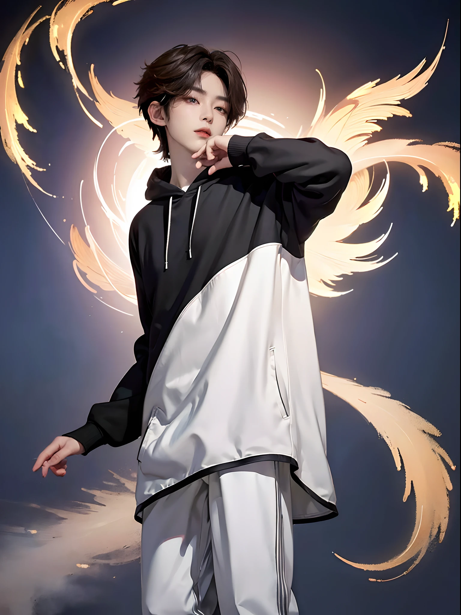 ((4K works))、​masterpiece、（top-quality)、((high-level image quality))、One Manly Boy、Slim body、((Stylish black hoodie and long white pants))、(Detailed beautiful eyes)、Stroll around the city at night、Face similar to Chaewon in Ruseraphim、((short hair above the ears))、((Smaller face))、((Neutral face))、((Light brown eyes))、((Korean boy))、((18year old))、((Handsome man))、((Wild look))、((Korean Makeup))、((elongated and sharp eyes))、((Walk next to the viewer))、((shot from a side angle))