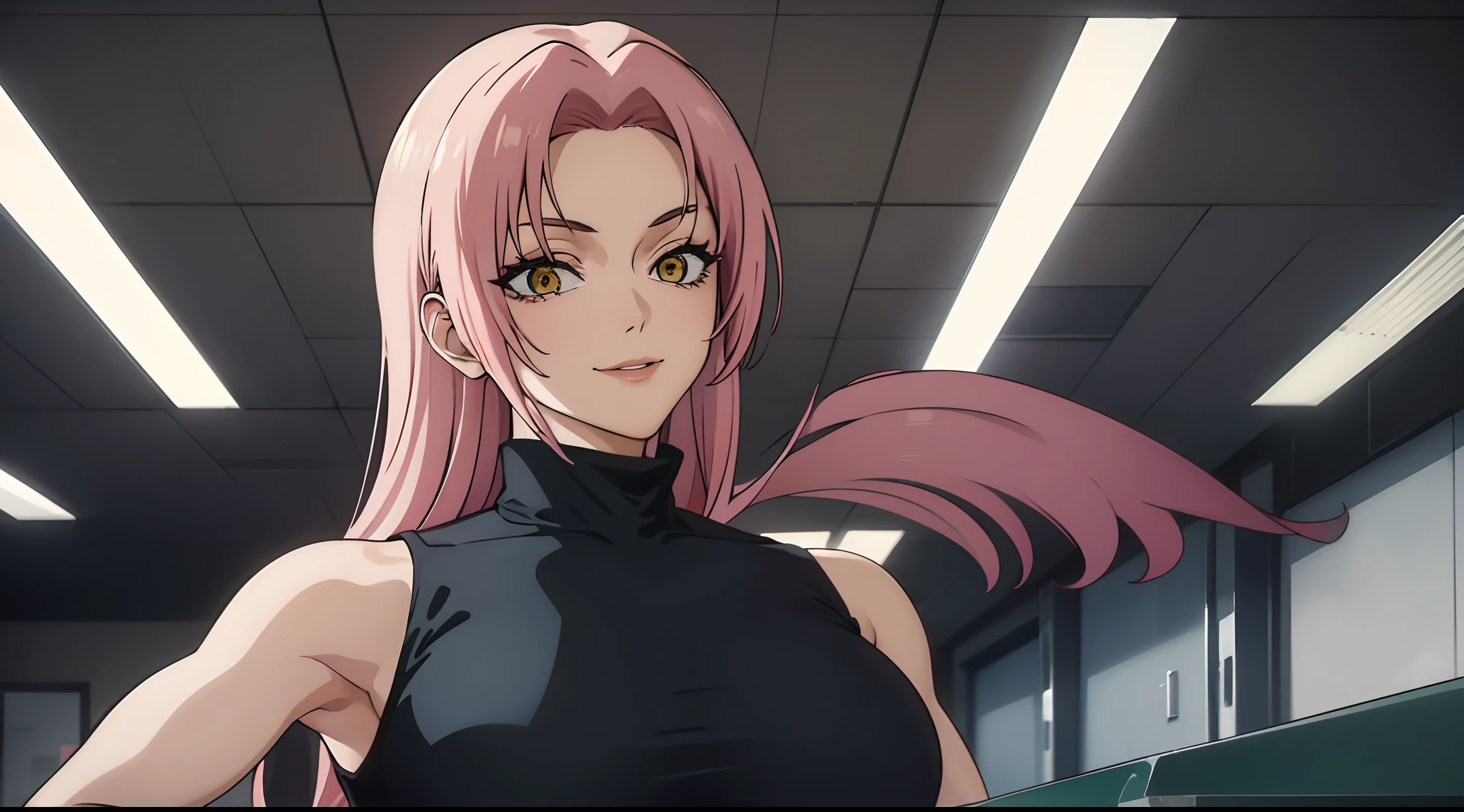 Masterpiece, Best quality, 1lady, solo, long wavy curly pink hair, parted bangs, forehead, yellow eyes, smile, Jujutsu kaisen uniform, YukiTsukumo, female focus, sleeveless turtleneck