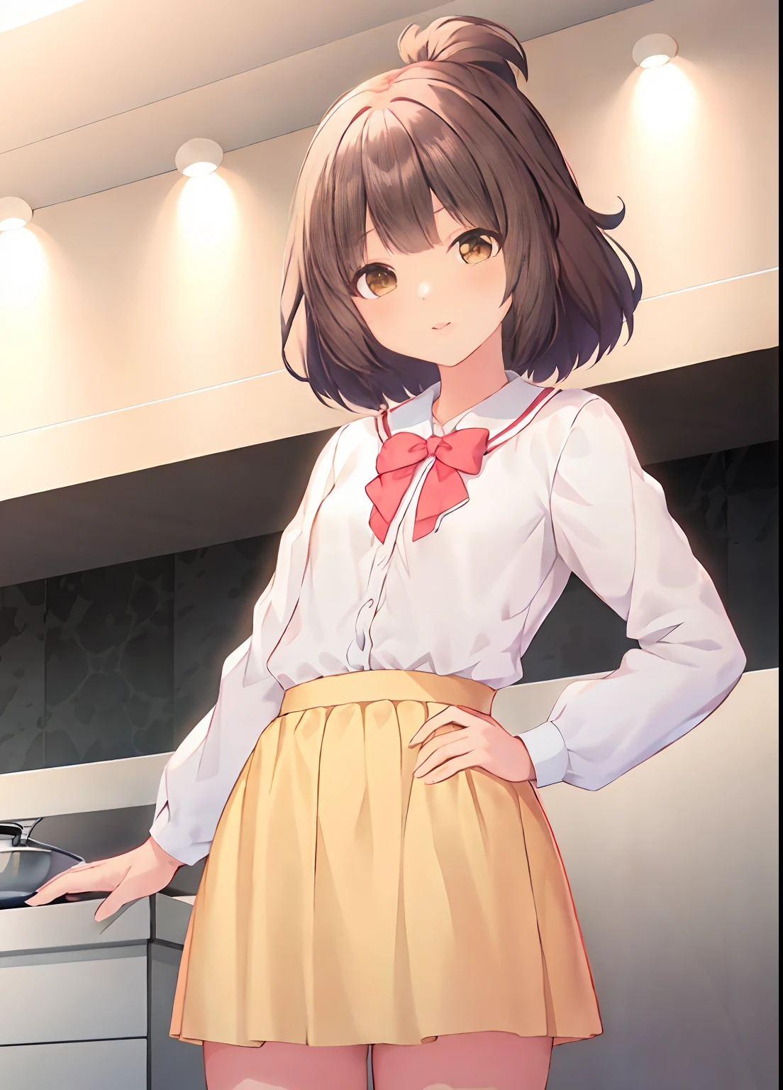 masutepiece,Best Quality,Upper body,1girl in,Collared_Shirts and flares_Skirt as a material 2,Yellow theme,Flat color,polarity,mohawk,Small breasts,Black eyes,heart in eye,Cowboy Shot、Cooking in the kitchen