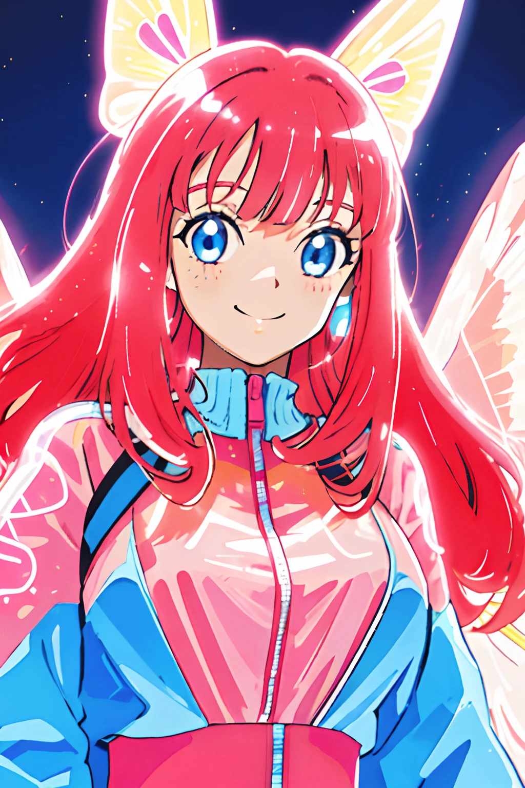 masterpiece, best quality, 1girl, city pop, night, neon light, looking at another, upper body, vector illustration, jacket, light smile, blunt bangs, long hair, pink clothes, pink hair, large light blue butterfly wings