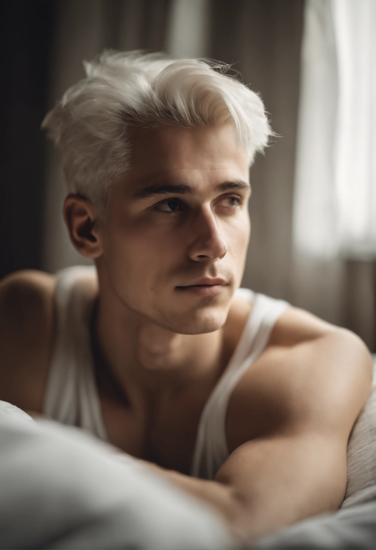 20-year-old male with white hair, two block haircut , dressed in a plain white tank top, lying on a bed, pensive expression