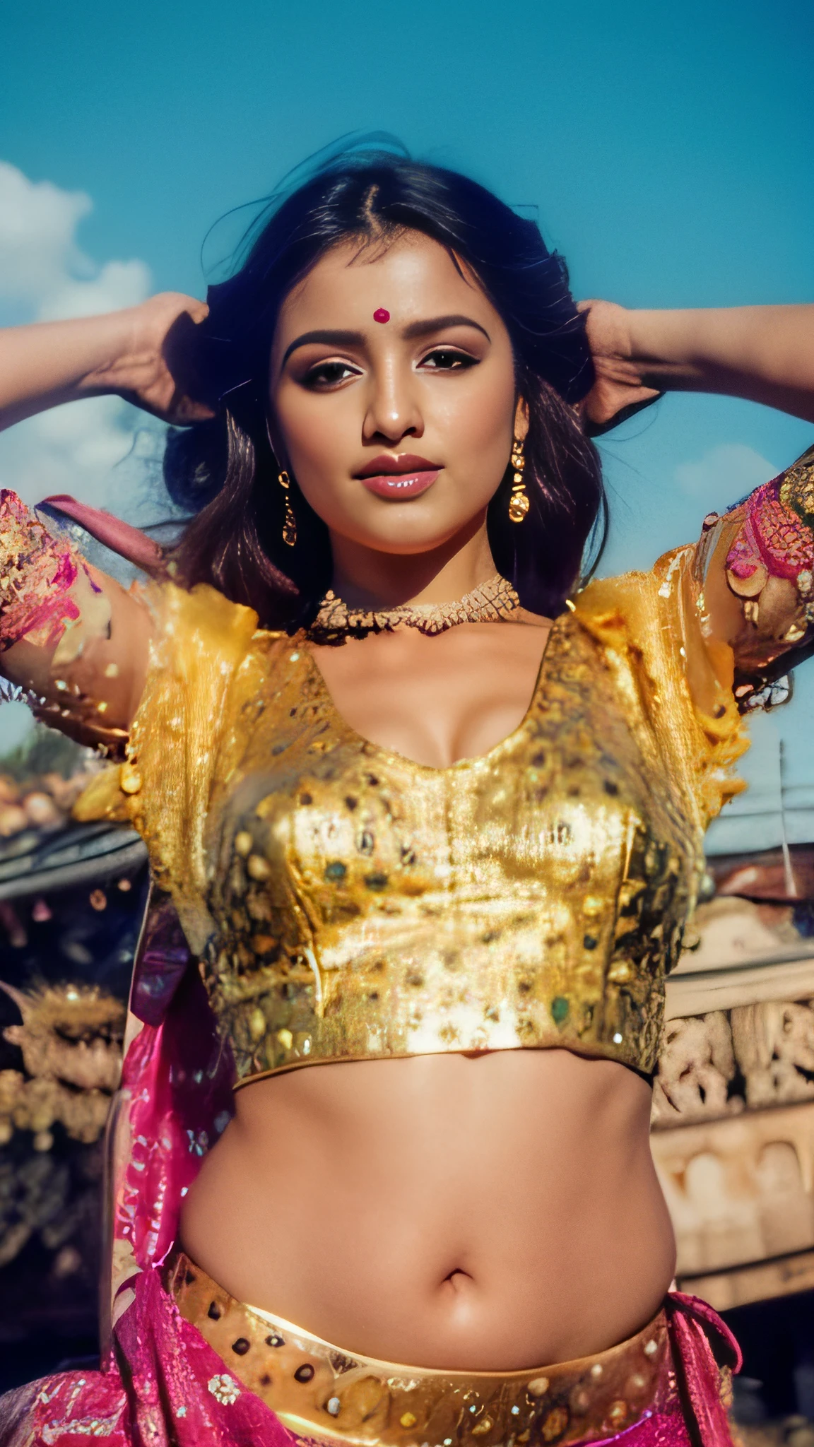 a close up of a woman in a purple outfit posing for a picture, traditional beauty, indian goddess, music video, indian, she is dressed as a belly dancer, beautiful pose, indian style, wearing a blouse, still shot from movie, photo shoot, wearing an ornate outfit, stylish pose, gorgeous lady, posing!!, new song, leaked image, ((film grain, skin details, high detailed skin texture, 8k hdr, dslr)), photography taken by sony DSLR, Hd image