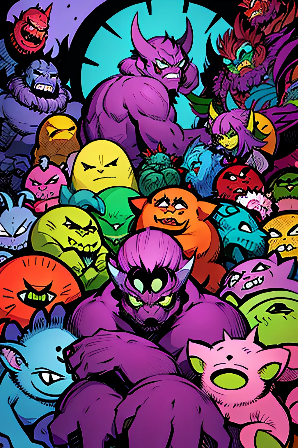 many monsters, doodle art style, colorful, funny