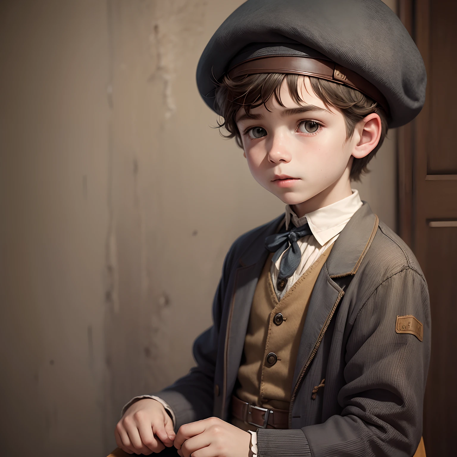 1900's clothes, kid, beret, solo, realistic, boy, great depression, young age