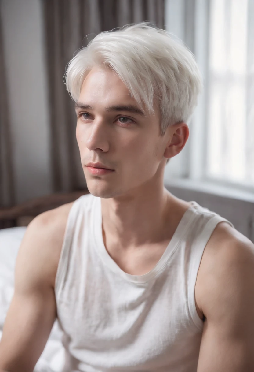 20-year-old male with white hair, two block haircut , dressed in a plain white tank top, lying on a bed, pensive expression