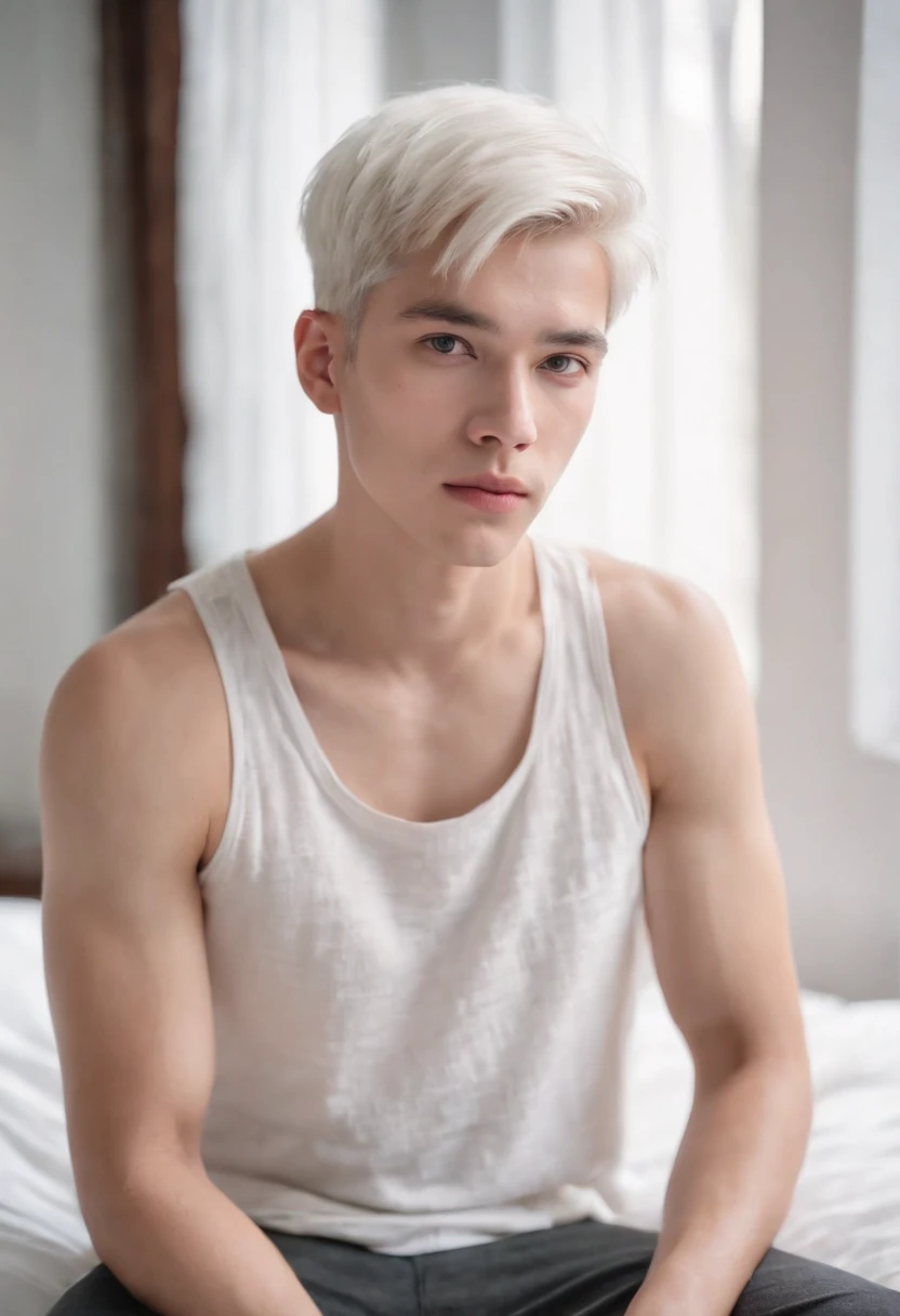 20-year-old male with white hair, two block haircut , dressed in a plain white tank top, lying on a bed, pensive expression