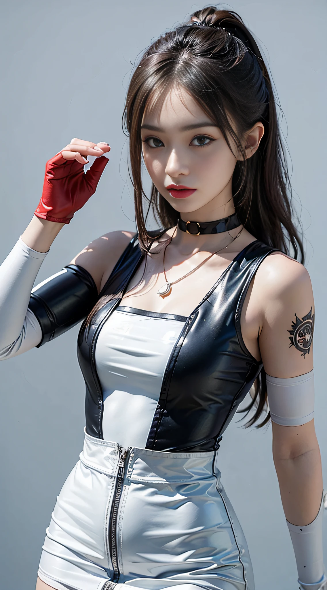 ((​masterpiece:1.4)、(top-quality:1.4)、(reallistic:1.7))、masuter piece:1.4、Glossy latex bodysuit、Fit sexy women fighting suit、It is a sleeveless sailor suit design with cool blue design on white background.、Sexy super mini skirt in bright red-black color integrated with jacket、Cute tattoos、Wear red gloves、Kawaii Girl、Super beauty、foco nítido、Portrait photos、Upper body photography、beautiful countenance、beautidful eyes、Narrow waist、poneyTail、Raw photo、red-lips、a choker:1.4、a necklace:1.4、耳Nipple Ring:1.4、1 screen display、Outdoor landscape