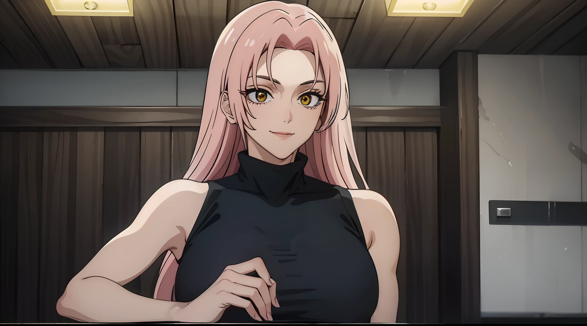 Masterpiece, Best quality, 1lady, solo, long wavy curly pink hair, parted bangs, forehead, yellow eyes, smile, Jujutsu kaisen uniform, YukiTsukumo, female focus, sleeveless turtleneck