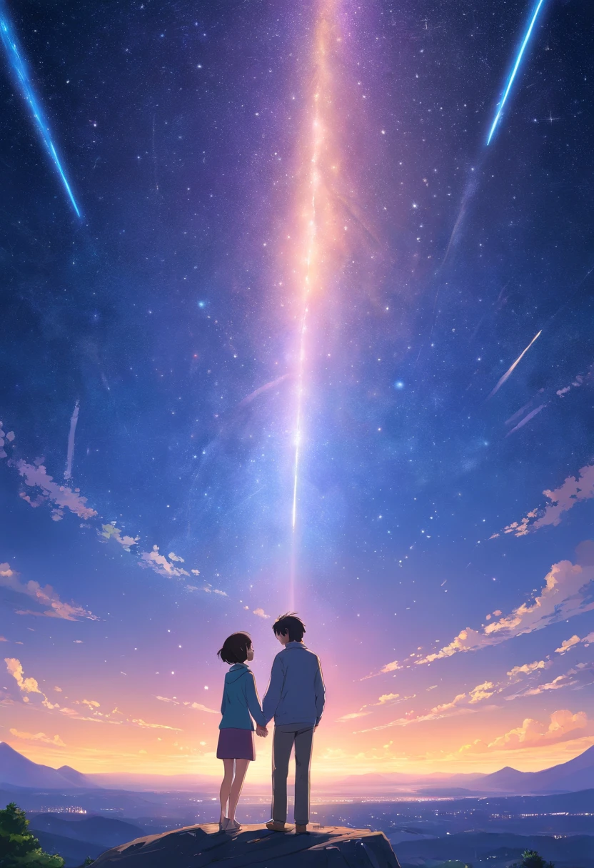 A couple in their fifties, hugging,The entire galactic starry sky,Magnificent,Twinkling starlight,Boundless,Fantastic sights,meteor shower