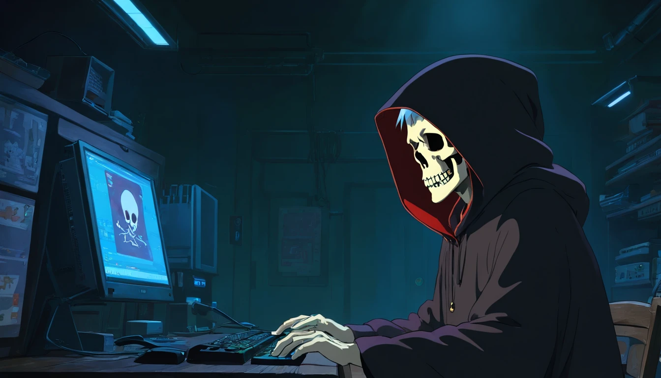 A man skull in a black hood broadcasts a game on a computer in a very dark room