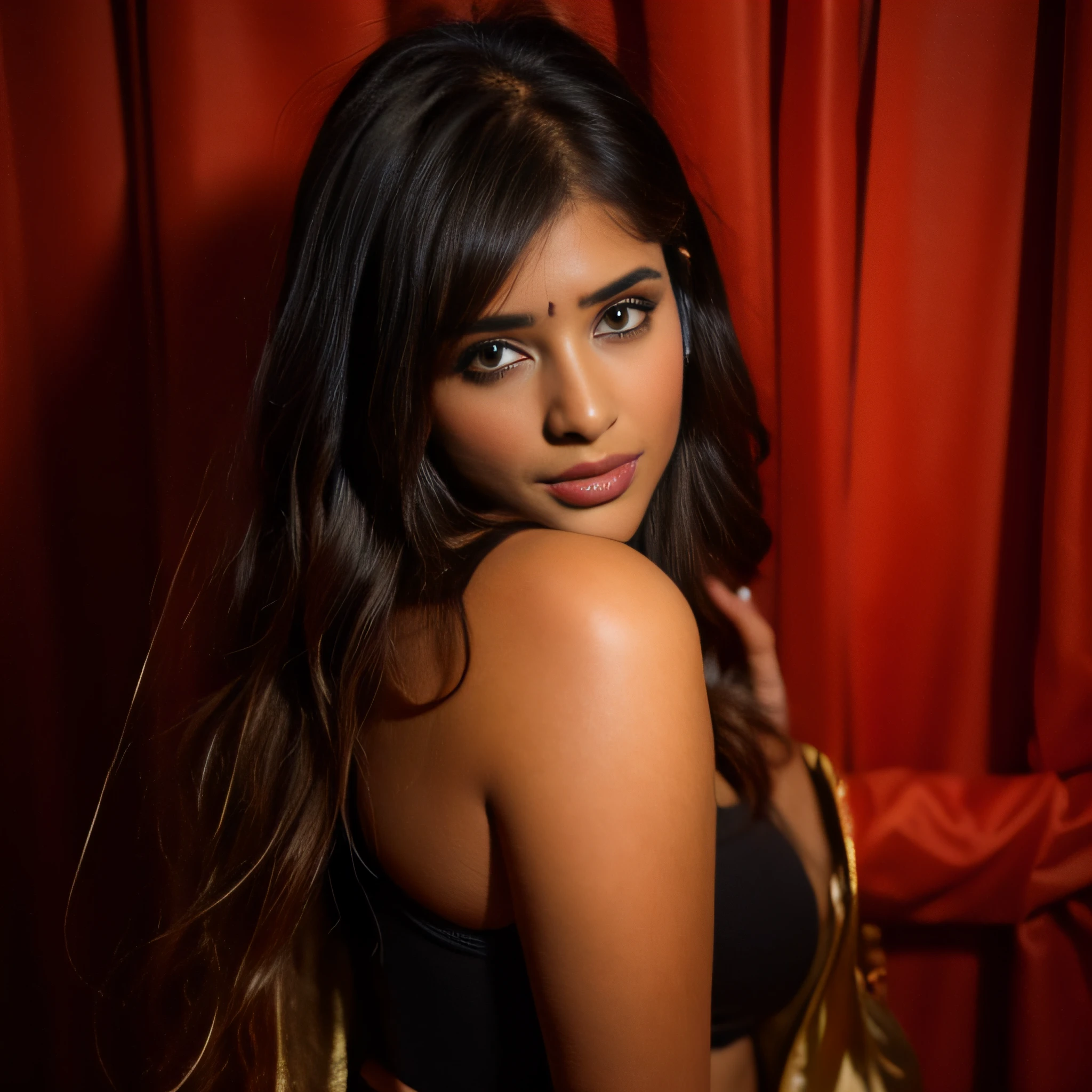 guttonerdvision15, portrait of an Indian woman with medium breast, black background, (Highly Detailed Skin:1.2), 8k UHD, DSLR, Soft Lighting, High Quality, Film Grain, Fujifilm XT3, dark red natural big lips, long hair