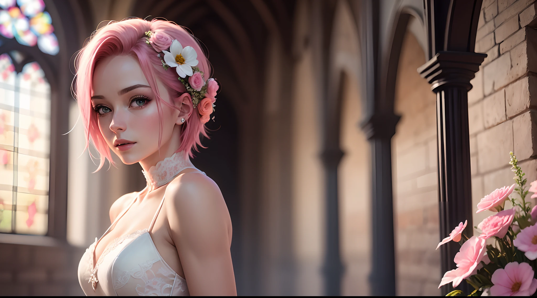 Sakura Haruno, ((Solo)), Alone, Bride, Wearing a white wedding dress, queen, cheerfulness, ((The forehead to display)), standing, Enter the church, Pink hair, Short hair, Delicate, Young, Short hair, Detailed face, High definition, ((full bodyesbian)), (Flowers around her), full bodyesbian, She is a beautiful woman to marry, face with high quality, Beautiful, Radiant