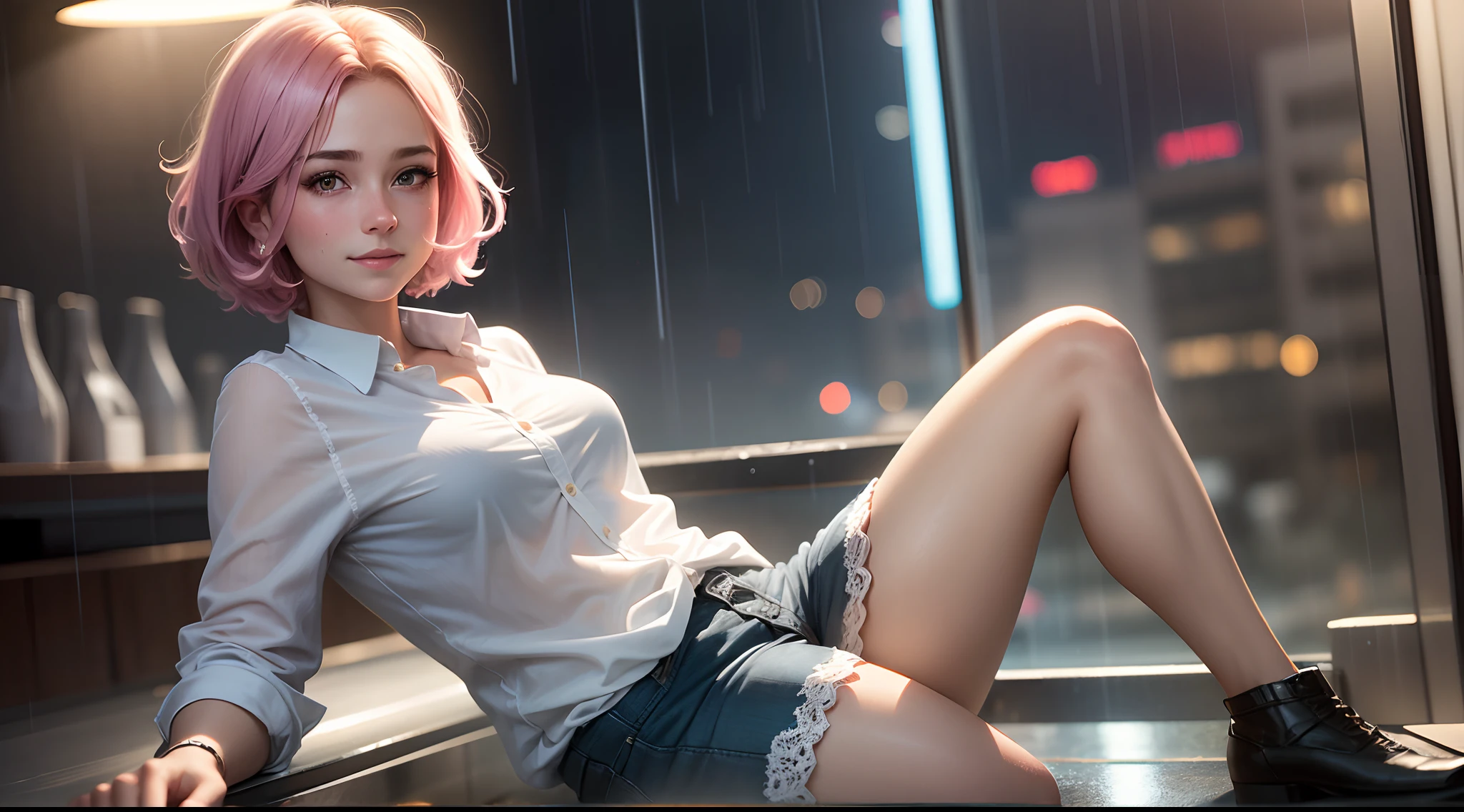 (8K, Top quality, Masterpiece: 1.2), (Realistic, Photorealistic: 1.37), Super detailed, Girl 1 person, 17 years old, Solo, Small breasts, Beautiful detailed sky, Detailed café, Night, (Blush), (Smile: 1.15), (Closed mouth), small, (Shirt with collar: 1.1), Night, Wet, office clothes, rain, White lace, (Short hair: 1.2), Floating hair NovaFrogStyle, Random sexy pose,