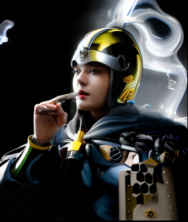Person in helmet with cigarette