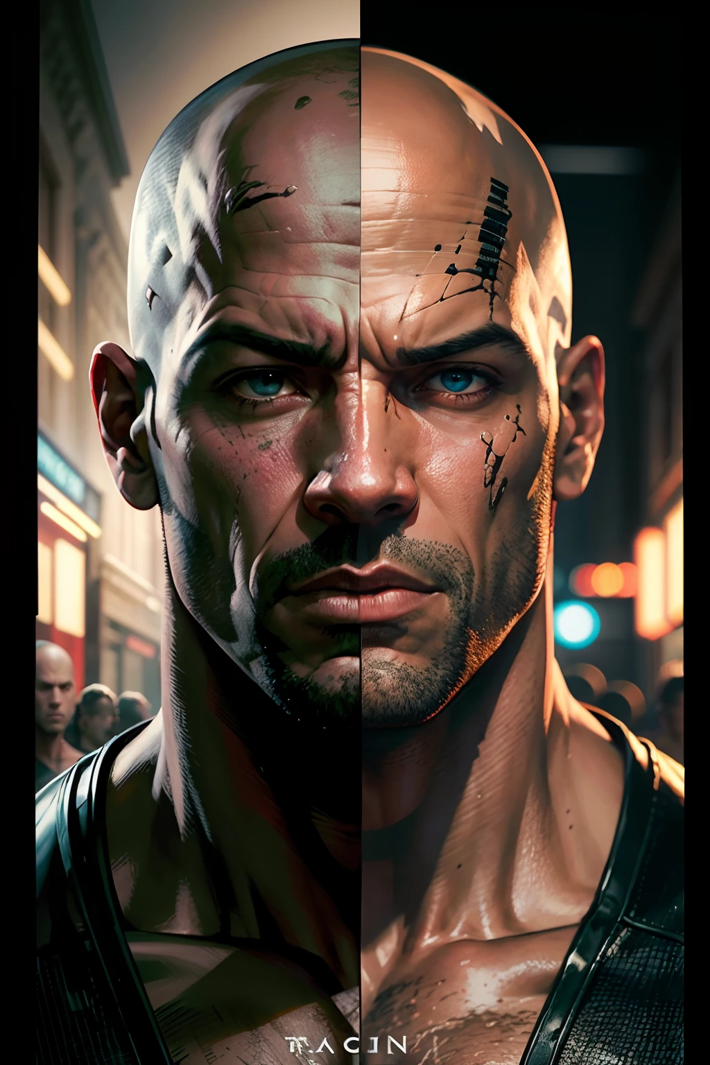 face to face left half Vin Diesel and right half Jason Statham, 2 sides of the image, in the style of todd mcfarlane, mirrored realms, close-up intensity, captivating gaze, marvel comics, dynamic graphic novel, photorealistic scenes, detailed comic book art, light gold and red, large-scale canvas impact, comiccore, flawless line work, heavy shading, epic, realistic depiction of light, 8k resolution, chiaroscuro mastery
