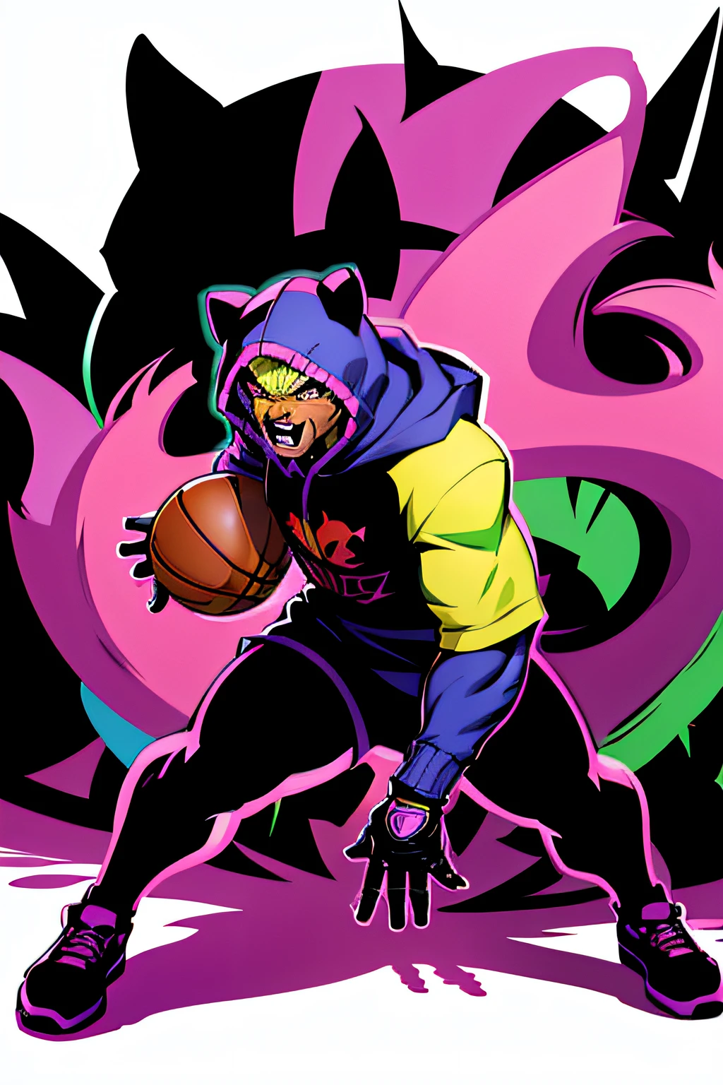 Colorful, graffiti style, full body, chibi, hooded panther, vector t-shirt art, ready to print white background, Trying to make a dunk shot.Playing basketball.