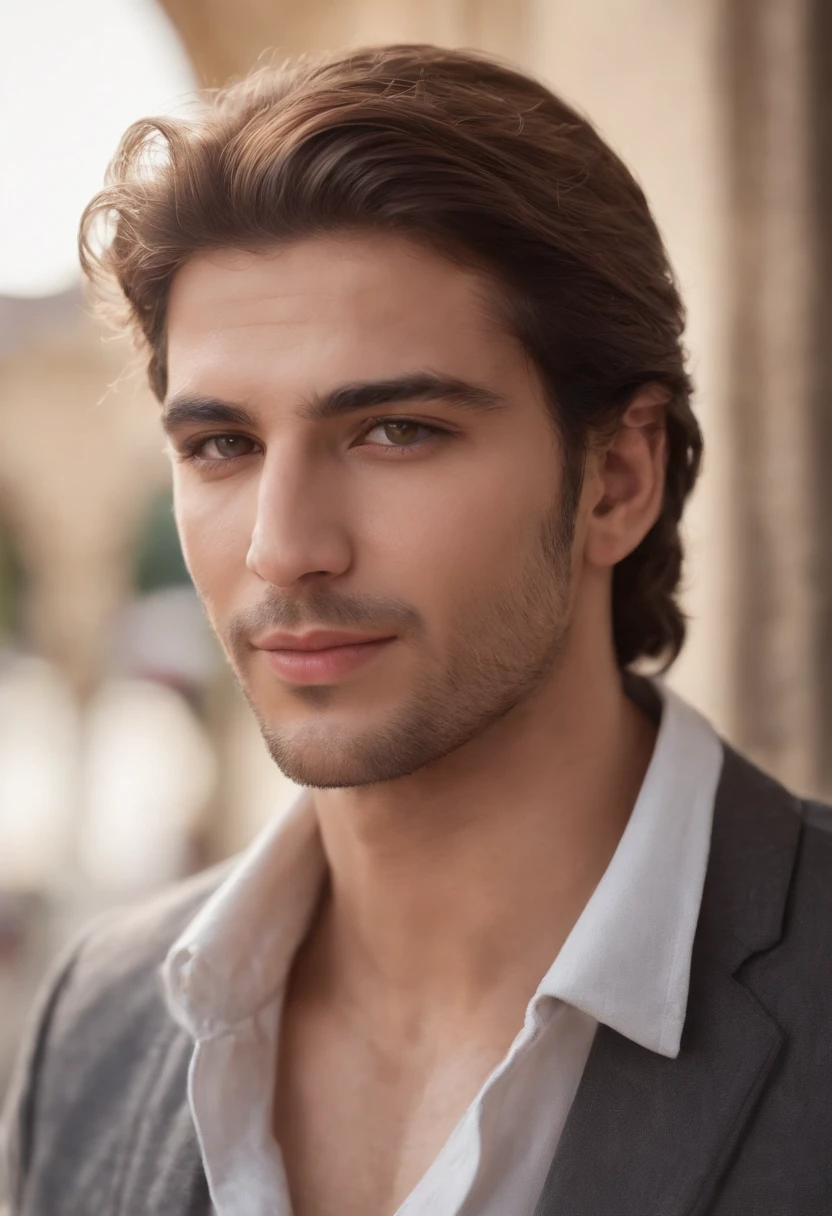 Cinematic soft lighting illuminates a beautiful, incredibly detailed and ultra-realistic Middle Eastern male mannequin, look de plage, light brown hair ultra short messy, yeux verts clairs, Sourire parfait captivant, Sensuel, homme chaud, incroyablement beau, qui est tendance sur ArtStation. Octane is the perfect tool to capture the smoothest details of this 16k photography masterpiece.