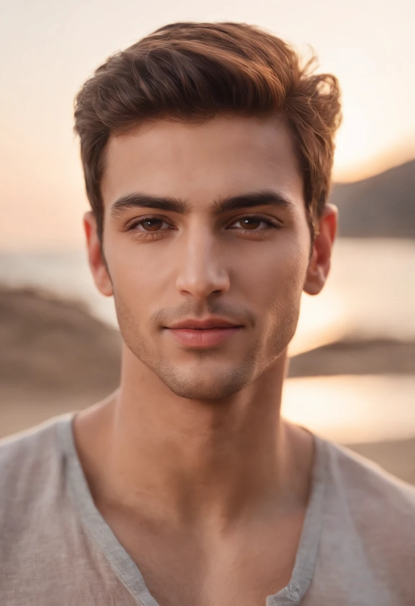 Cinematic soft lighting illuminates a beautiful, incredibly detailed and ultra-realistic Middle Eastern male mannequin, look de plage, light brown hair ultra short messy, yeux verts clairs, Sourire parfait captivant, Sensuel, homme chaud, incroyablement beau, qui est tendance sur ArtStation. Octane is the perfect tool to capture the smoothest details of this 16k photography masterpiece.