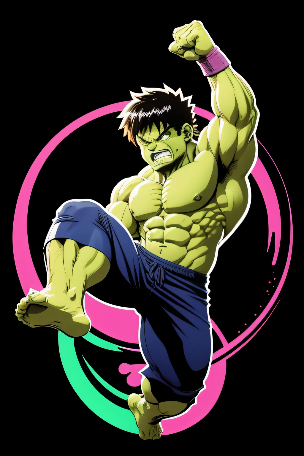 A chibi-style Hulk doing a roundhouse kick in a gym wearing a t-shirt with a vector art design in vivid colors inspired by Makoto Shinkai against a black background.