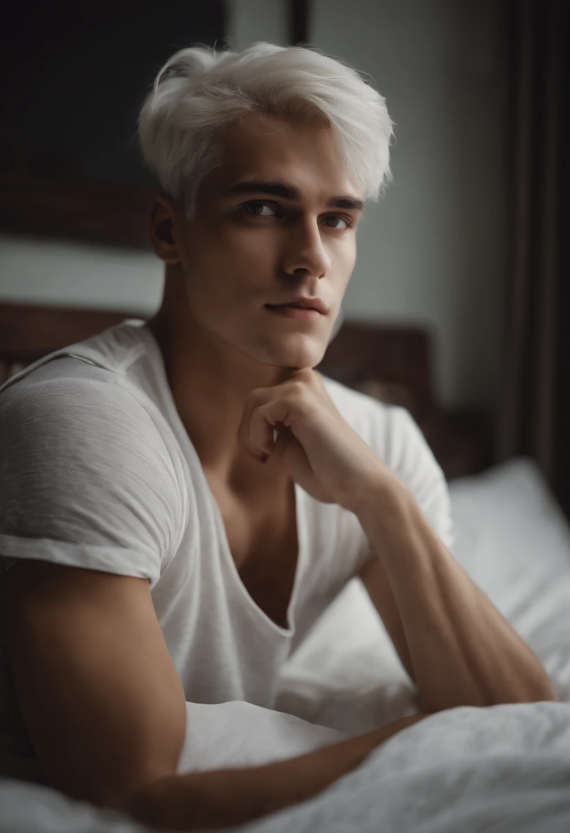 20-year-old male with white hair, two block haircut , dressed in a plain white tank top, lying on a bed, pensive expression