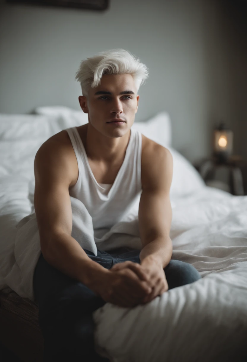 Teen male posing, tight boxers, skinny body, atmospheric, cute face, white hair, dead inside, plaid shirt, dark lighting