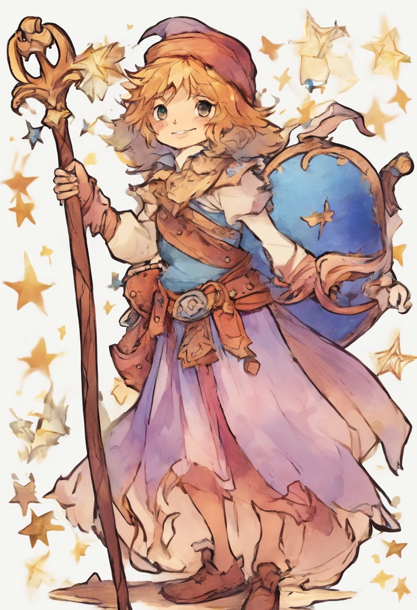 Close-up de um gnomo dos desenhos animados, trajes azuis, a stick, um rato, fundo azulado, with stars and constellations, youthful appearance, jovial, sorridente, feliz