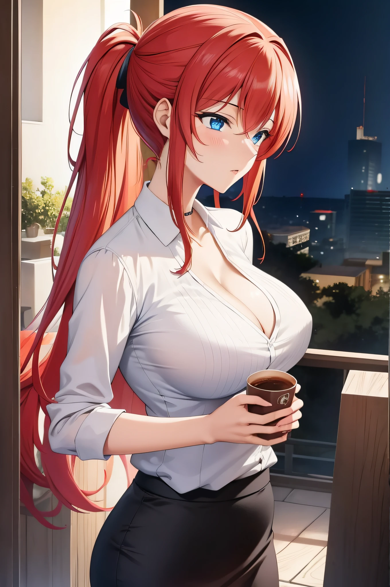 (masterpiece, best quality, detailed),1girl,rias gremory,red hair, ahoge, blue eyes, large breasts , in a white shirt and black skirt holding a cup, seductive anime girl, attractive anime girl, smooth anime cg art, (sfw), beautiful alluring anime woman, anime best girl, with a drink, morning coffee, portrait of morning coffee, oppai,clean detailed anime art,high resolution, (perfect hands, perfect anatomy),