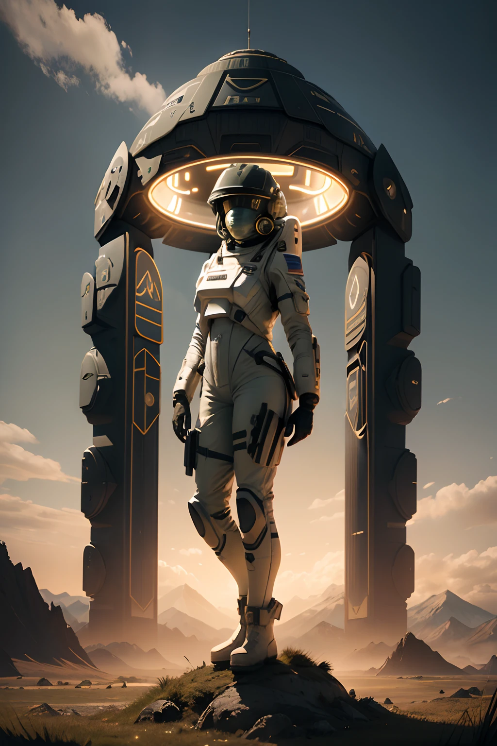 award winning (full body:0.8) (portrait photo:1.3) of a young female (sci-fi astronaut:1.3) with  a (army tank:1.4), (Stargate:1.4), looking out over a verdant alien planet, (mountains:1.2) (tall grass:1.4), rocks, fluffy clouds in the sky, trending on artstation, highly detailed, fine detail, intricate, (lens flare:0.6), (backlighting:0.8), (bloom:0.8), shallow depth of field