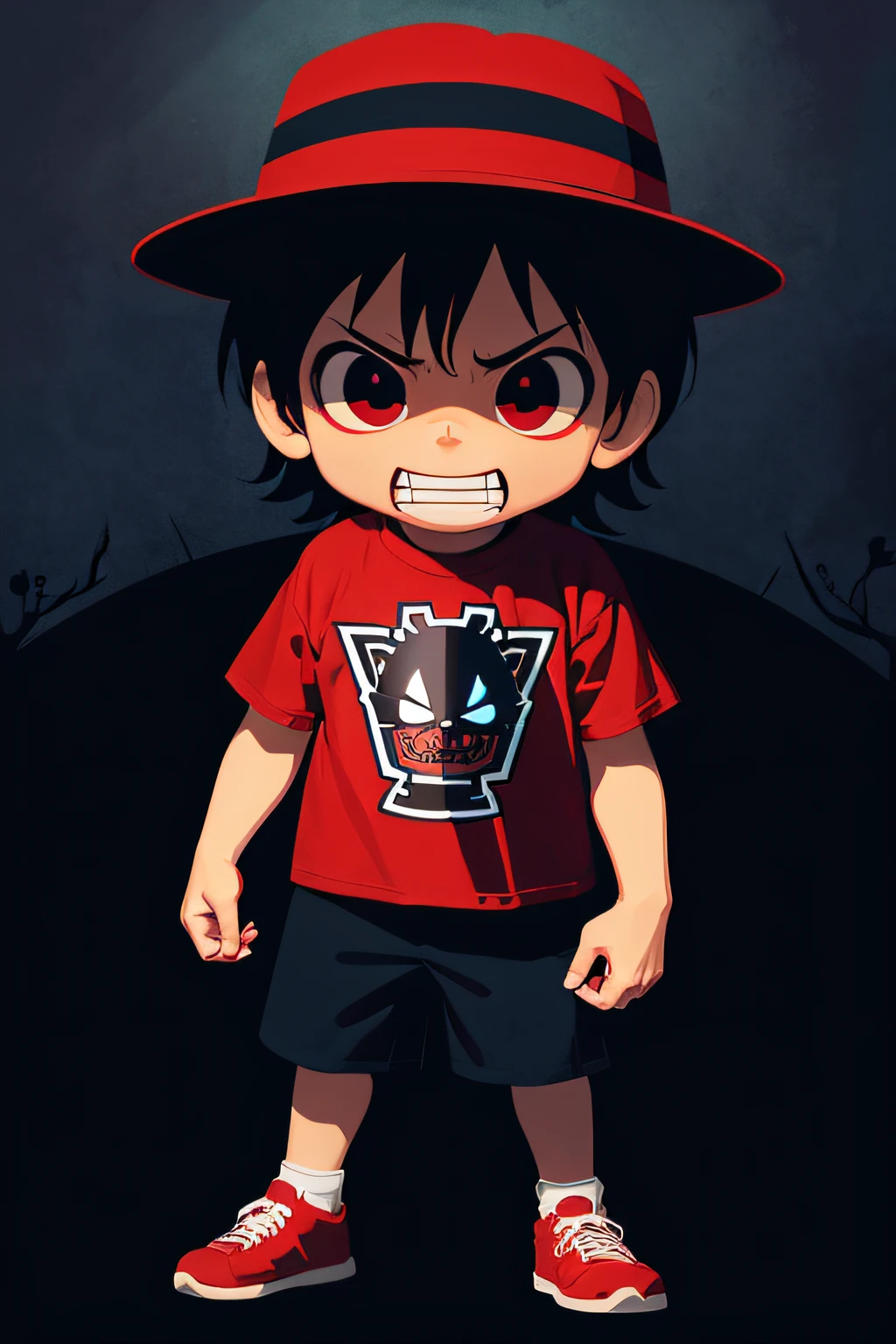 A vector art illustration of a chibi Freddy Krueger wearing a horror t-shirt, set against a dark and mysterious Studio Ghibli-inspired background