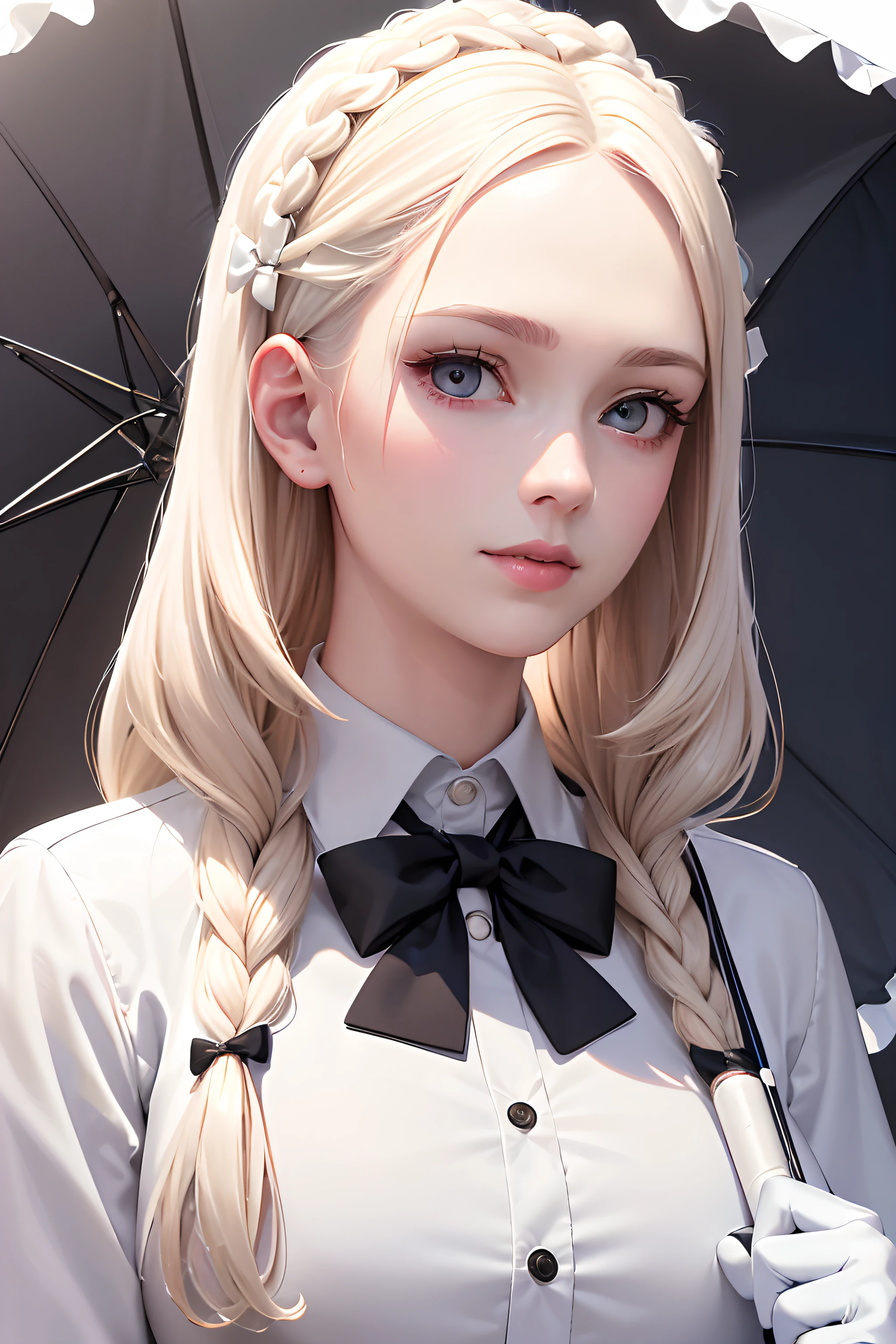 "(best quality,4k,8k,highres,masterpiece:1.2),ultra-detailed,(realistic,photorealistic,photo-realistic:1.37), manhwa art european 17 year old schoolgirl, very pale porcelain skin, platinum blonde long french braided hair, crazy scarlet eyes, platinum blonde long eyelashes, gentle expression, v shaped face, platinum blonde eyebrows, full pink lips, soft face features peaceful warm smile, fully covered body wearing a high collared white school coat with school logo and a bow tie, wearing black gloves and has a black opened umbrella in hand, manic but warm character, 8k, detailed features, bright lighting, blurred background