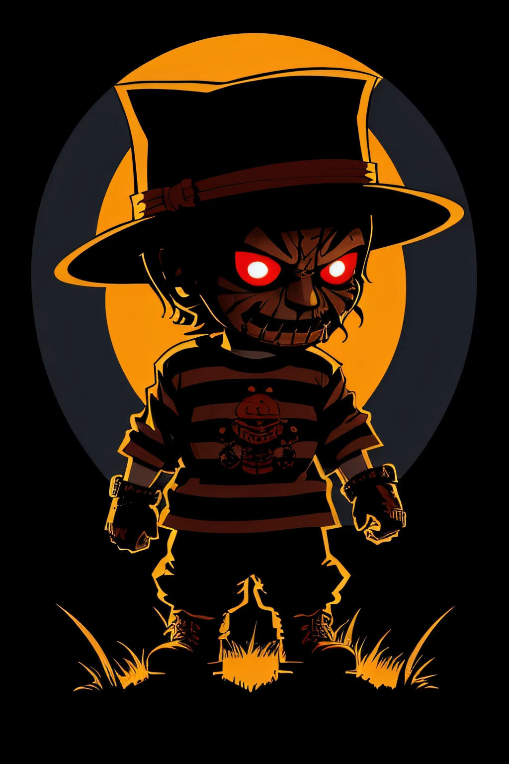 A vector art illustration of a chibi Freddy Krueger wearing a horror t-shirt, set against a dark and mysterious Studio Ghibli-inspired background