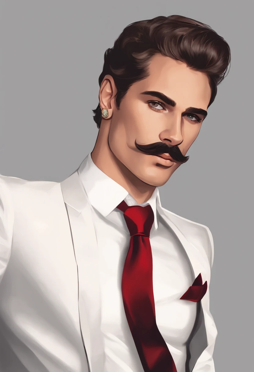 one man, young, stylish mustache, Brazilian, Bahian, short hair, wearing black suit, wedding ring, classic watch, red tie, white shirt, crossed arm, bust, brown,expressive eyes, well-marked face, contour lines