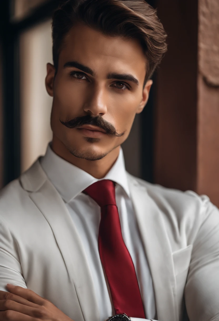 one man, young, stylish mustache, Brazilian, Bahian, short hair, wearing black suit, wedding ring, classic watch, red tie, white shirt, crossed arm, bust, brown,expressive eyes, well-marked face, contour lines