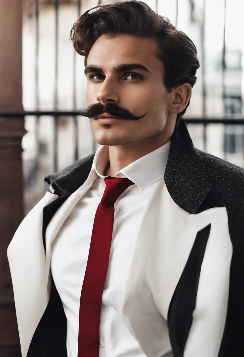 one man, young, stylish mustache, Brazilian, Bahian, short hair, wearing black suit, wedding ring, classic watch, red tie, white shirt, crossed arm, bust, brown,expressive eyes, well-marked face, contour lines