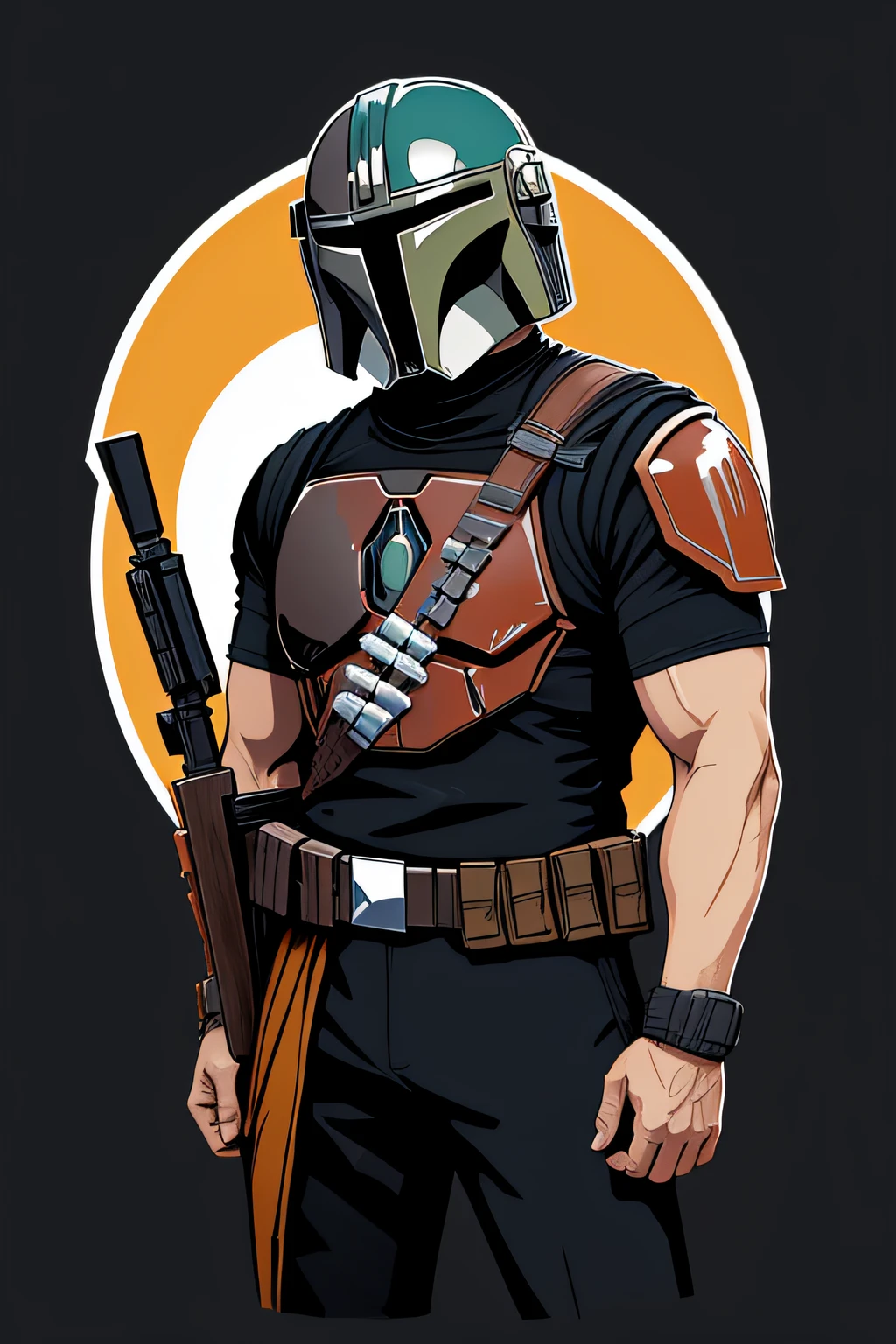 A bold chibi Mandalorian t-shirt design with a stylized vector illustration of a Mandalorian blaster.