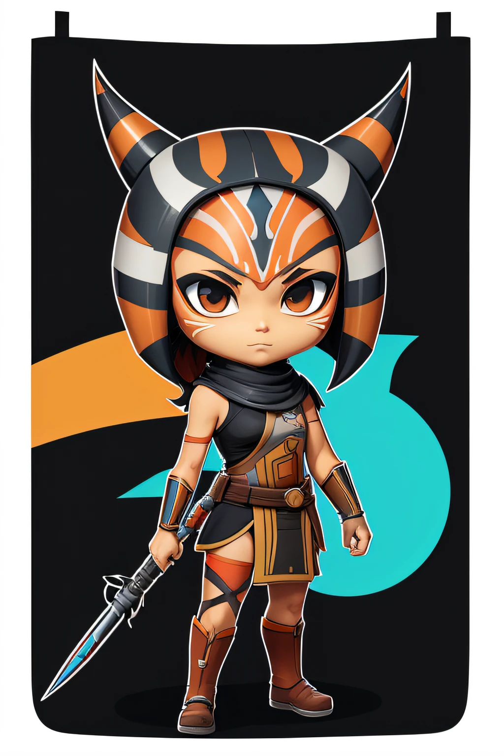 A colorful Chibi Ahsoka Tano tshirt design with a bold black background