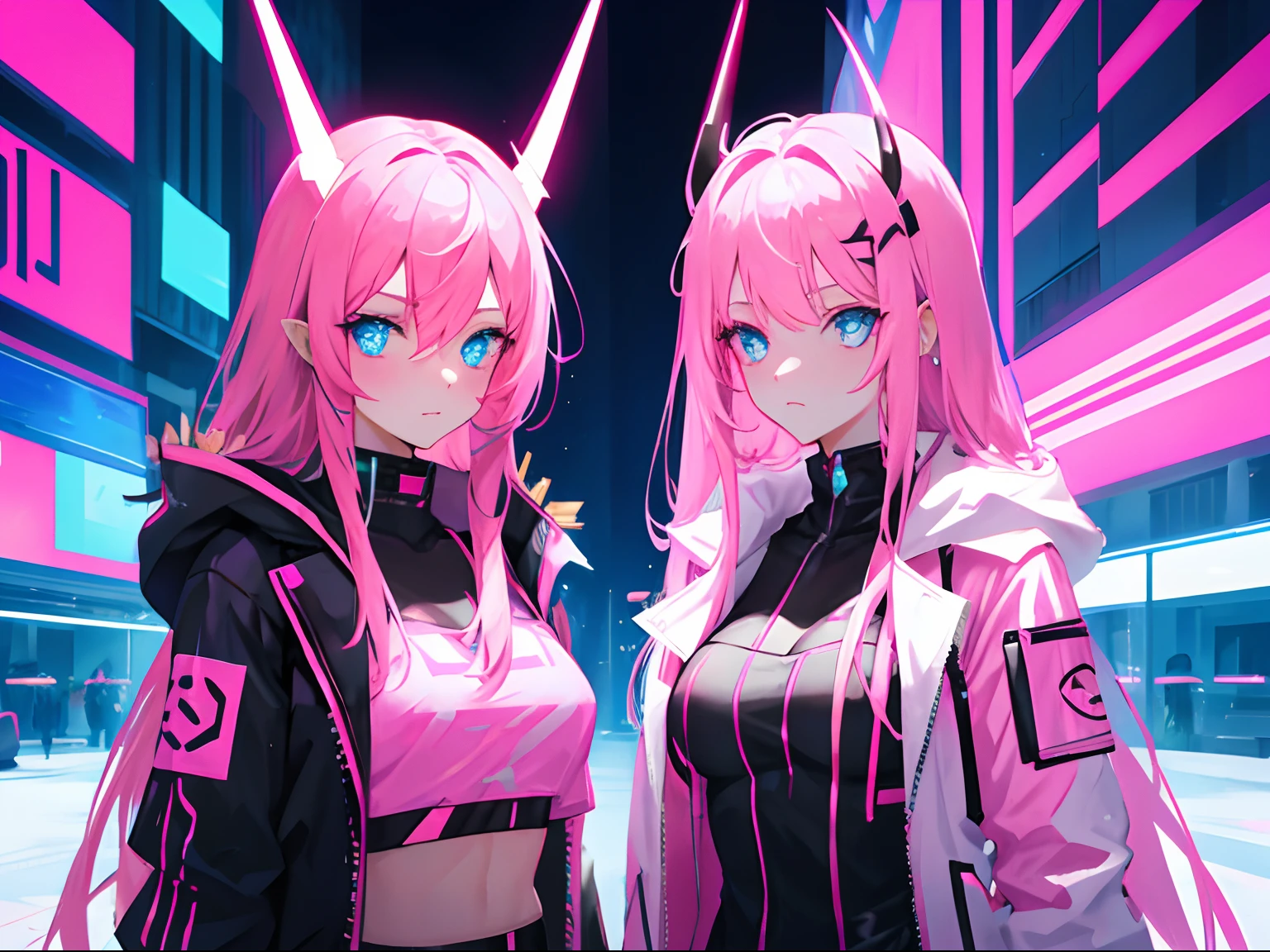 Lonely Android Girl with long pink hair in a pink suit with small yellow elements woman half cyborg modification Beautiful sexy with bright yellow eyes stands in full height with a half turn sideways Anime Style black background Cyberpunk style, Robot Girl, black background image of night black city and pink neon lights